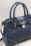 Sac Vendôme en cuir vachette grainé bleu marine, fermoir cadenas argenté, fabriqué à la main – Berthille Maison Française