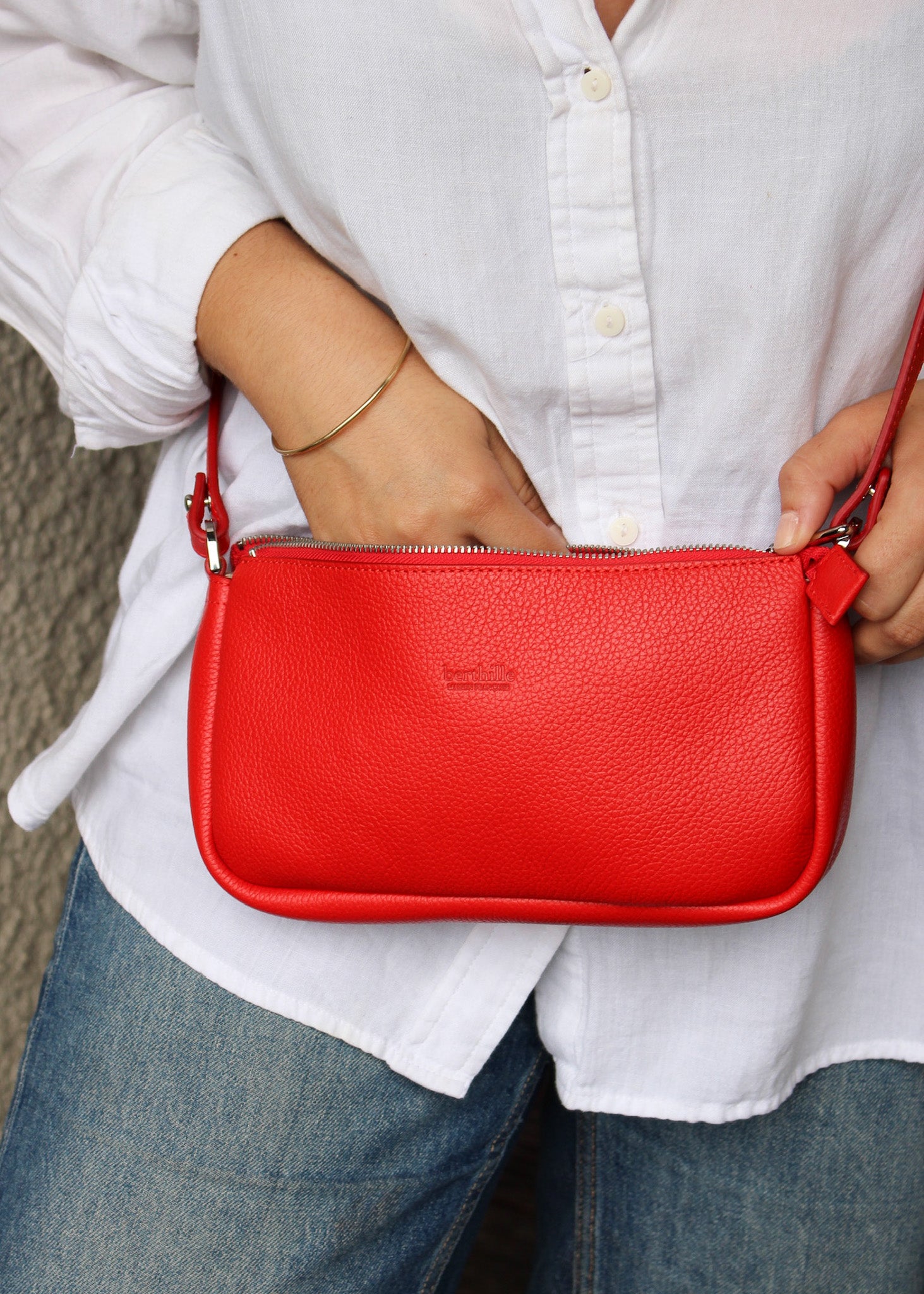 Sac Berthe cuir rouge coquelicot bandoulière amovible