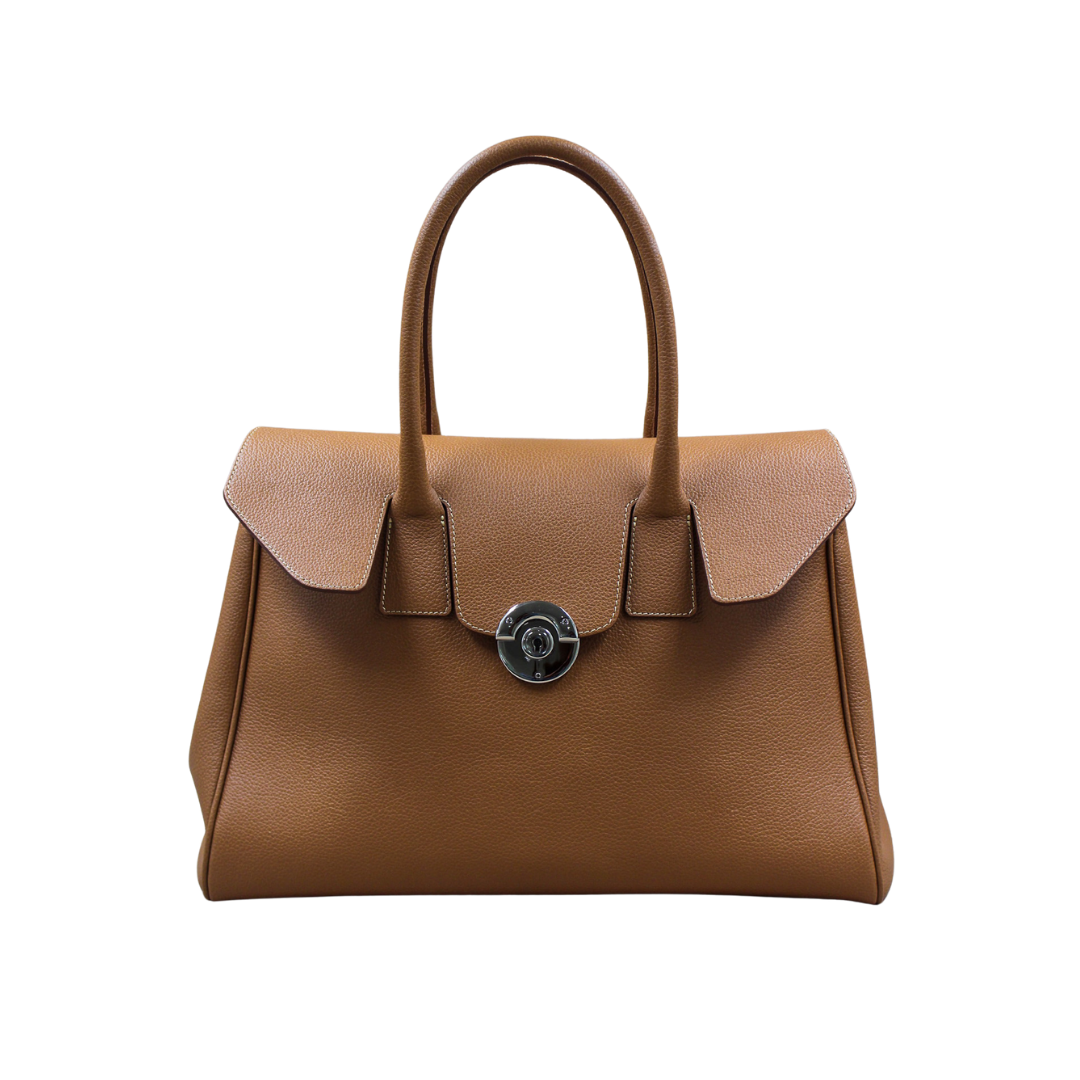 Sac Cortina en cuir vachette pleine fleur coloris camel, fermoir tournant, façonné à la main à Mazamet – Berthille Maison Française