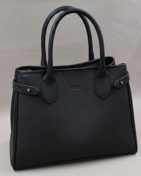 Sac Saint-Moritz cuir grainé noir, anses rondes et fermeture pression Berthille