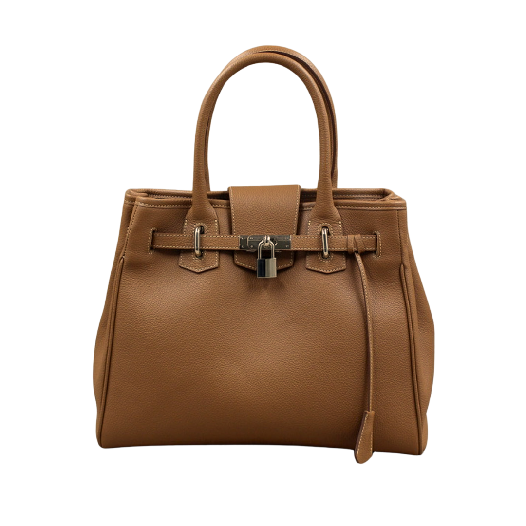 Sac Vendôme en cuir vachette pleine fleur coloris camel, fermoir cadenas argenté, façonné à la main à Mazamet – Berthille Maison Française