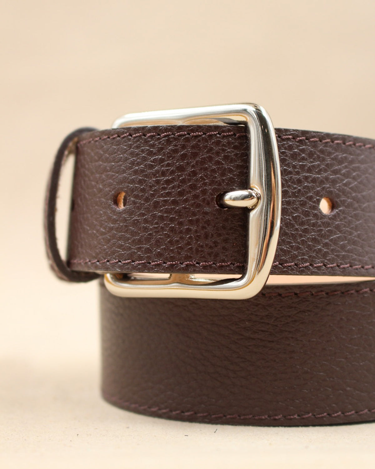 Ceinture cuir Étrivière marron, boucle argentée, cuir grainé pleine fleur, maison Berthille