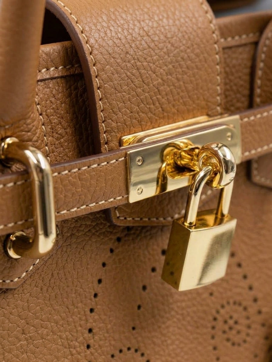 Détail du sac à main Mini Vendôme en cuir camel grainé : sangle ceinturée, fermoir et cadenas dorés, coutures sellier contrastées et motif perforé bout fleuri, savoir-faire artisanal français