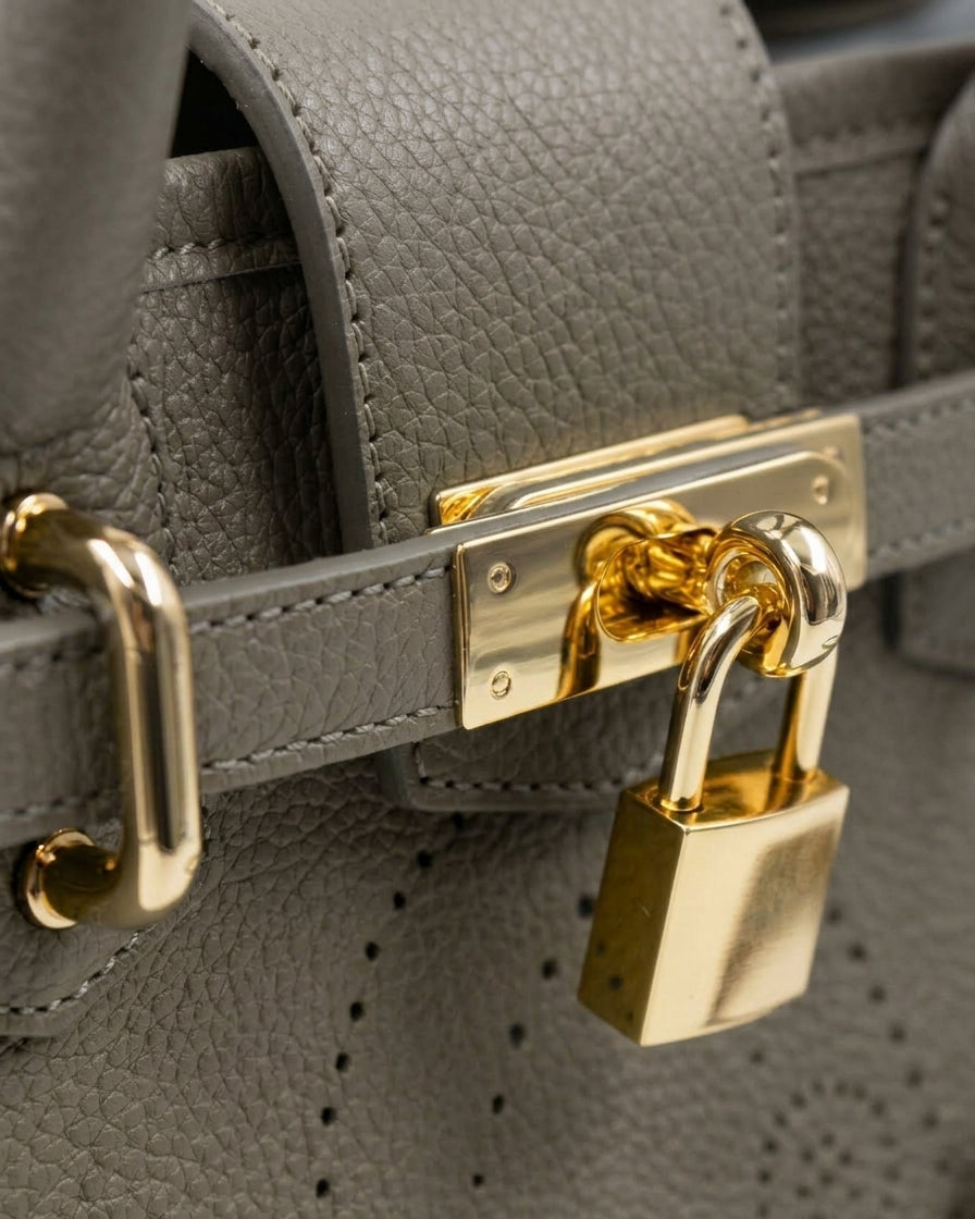 Détail du sac à main Mini Vendôme en cuir gris grainé : sangle ceinturée, fermoir et cadenas dorés, motif perforé bout fleuri, savoir-faire artisanal français