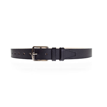 Ceinture Berthille Petite Étrivière couleur noir, tannage végétal, extérieur en cuir grainé pleine fleur, vue de face.