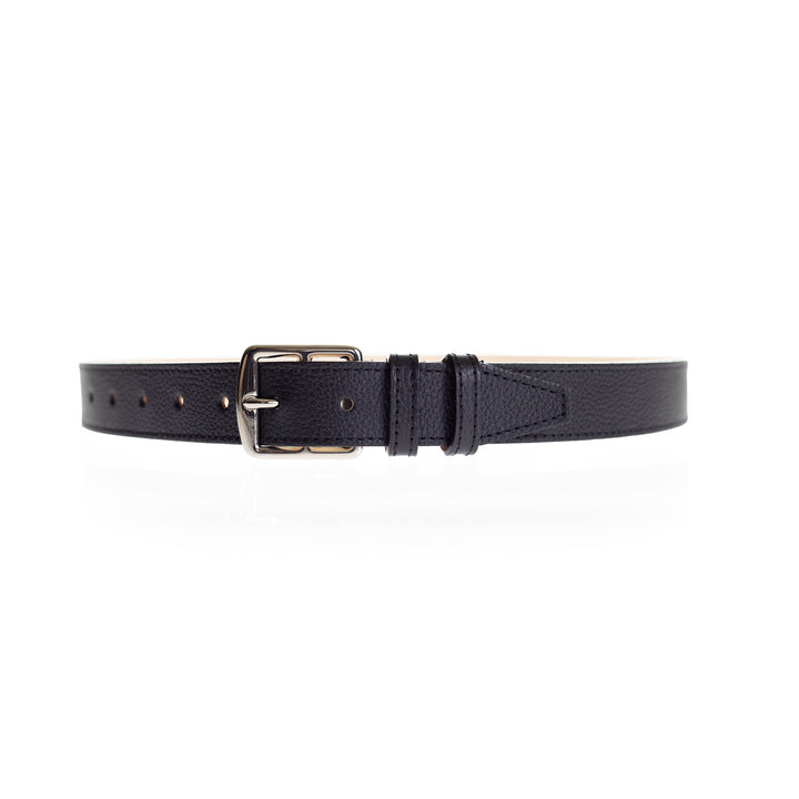 Ceinture Berthille Petite Étrivière couleur noir, tannage végétal, extérieur en cuir grainé pleine fleur, vue de face.
