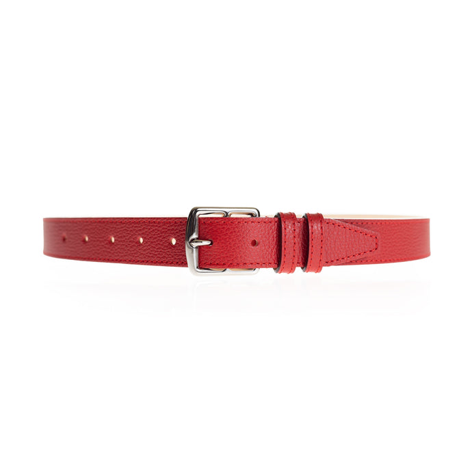 Ceinture Berthille Petite Étrivière couleur rouge, tannage végétal, extérieur en cuir grainé pleine fleur, vue de face.