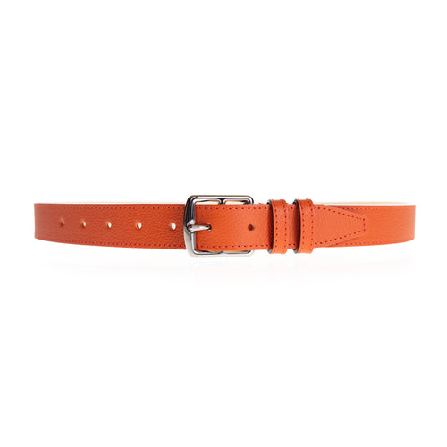 Ceinture Berthille Petite Étrivière couleur orange, tannage végétal, extérieur en cuir grainé pleine fleur, vue de face.