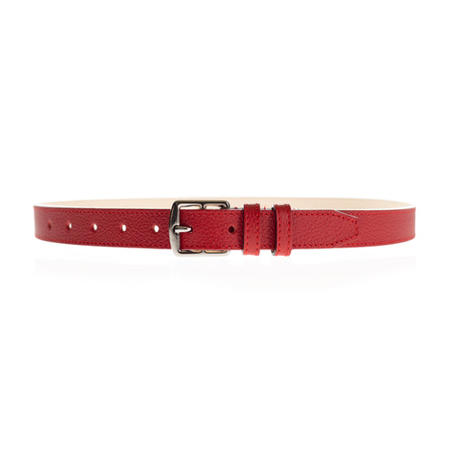 Ceinture Berthille Mini Étrivière couleur rouge, tannage végétal, extérieur en cuir grainé pleine fleur, vue de face.