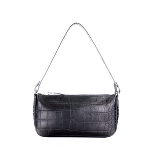 Sac à main cuir noir avec bandoulière - imprimé croco - Pochette Gala - Maison Berthille - Artisanat Français